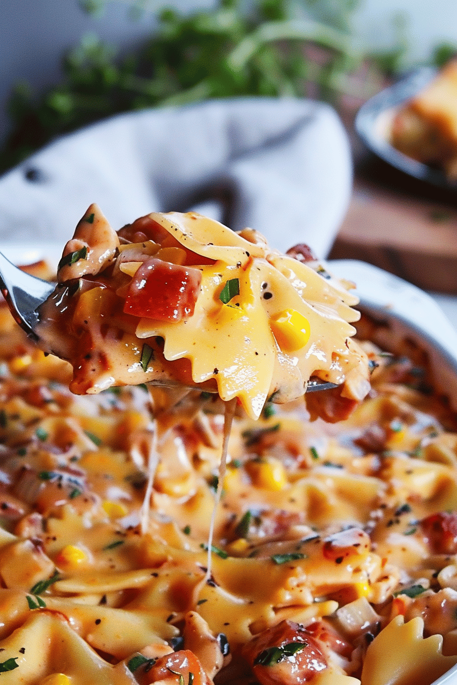 A close-up of a serving spoon lifting a cheesy, golden-brown portion of BBQ Ranch Chicken Casserole filled with bowtie pasta and savory ingredients.