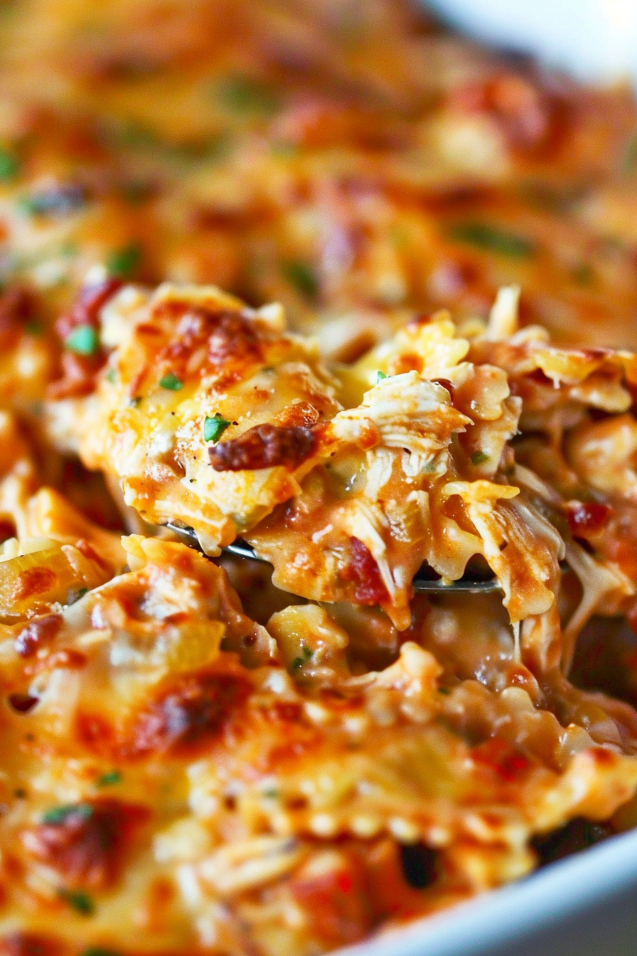 A hearty portion of BBQ Ranch Chicken Casserole being served, highlighting the mix of chicken, cheese, and barbecue sauce.