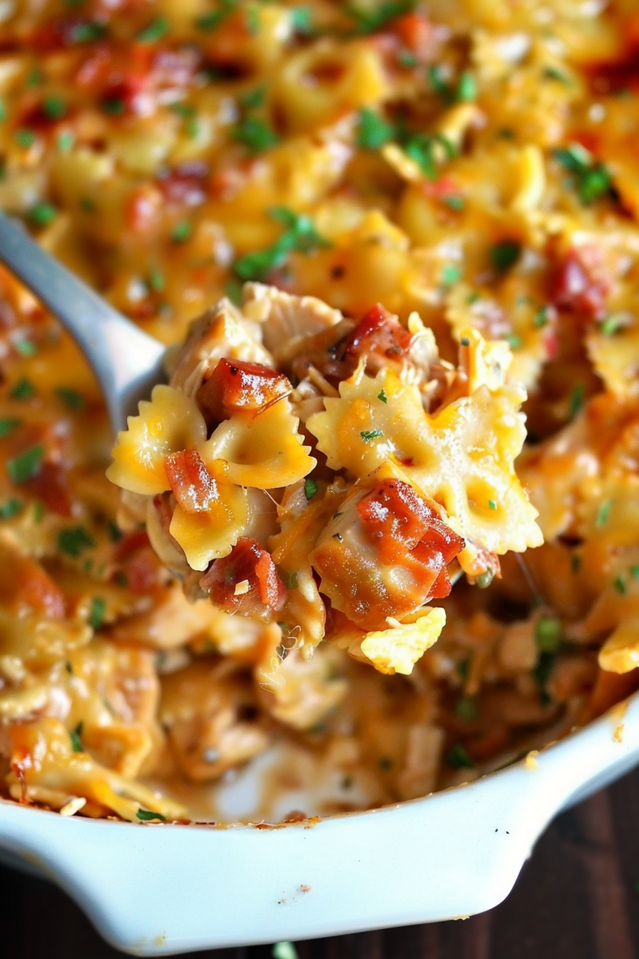 A forkful of BBQ Ranch Chicken Casserole showcasing the creamy pasta and crispy bacon bits for a perfect bite.