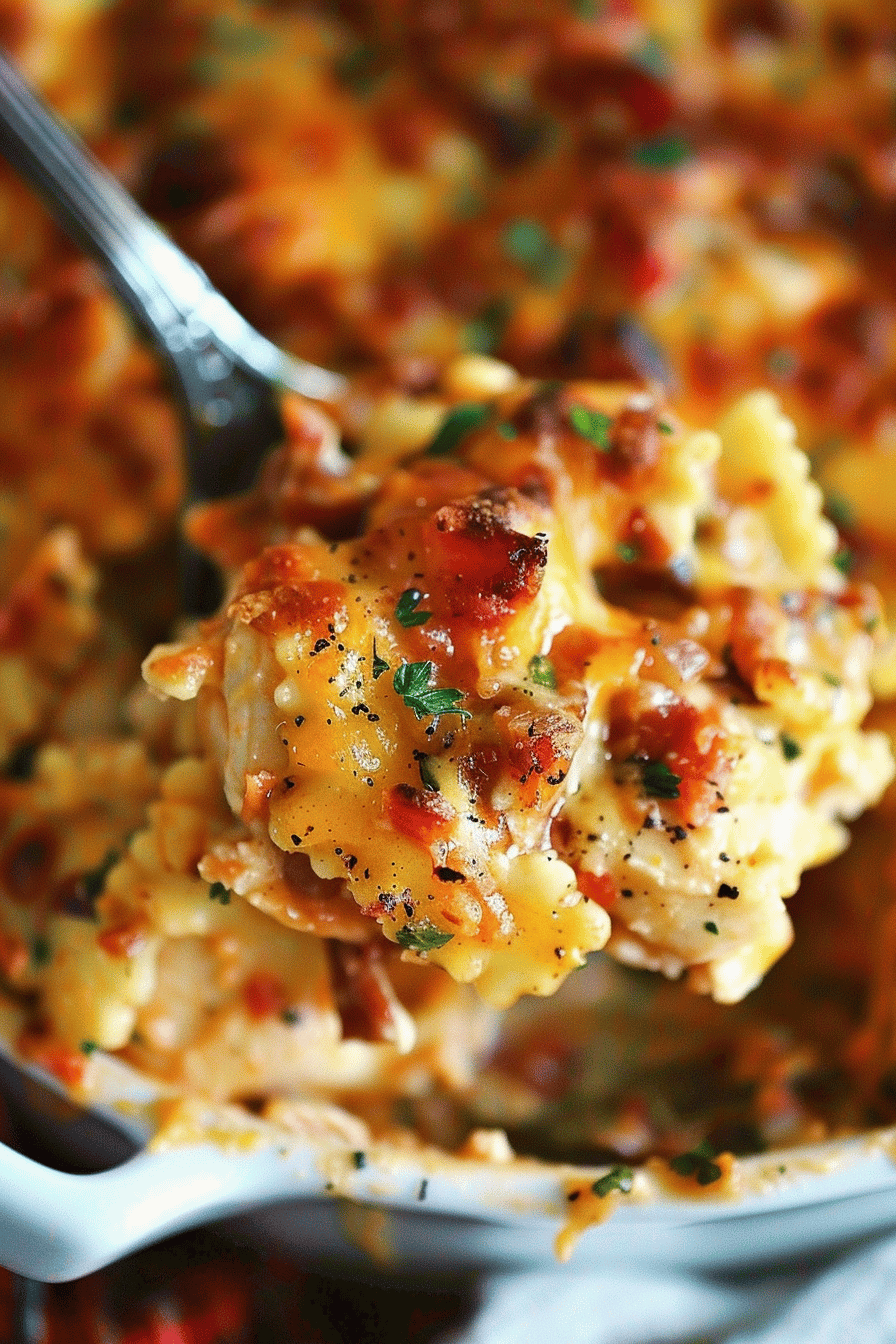 The finished BBQ Ranch Chicken Casserole, fresh out of the oven, with its golden top layer of cheese and vibrant garnish.