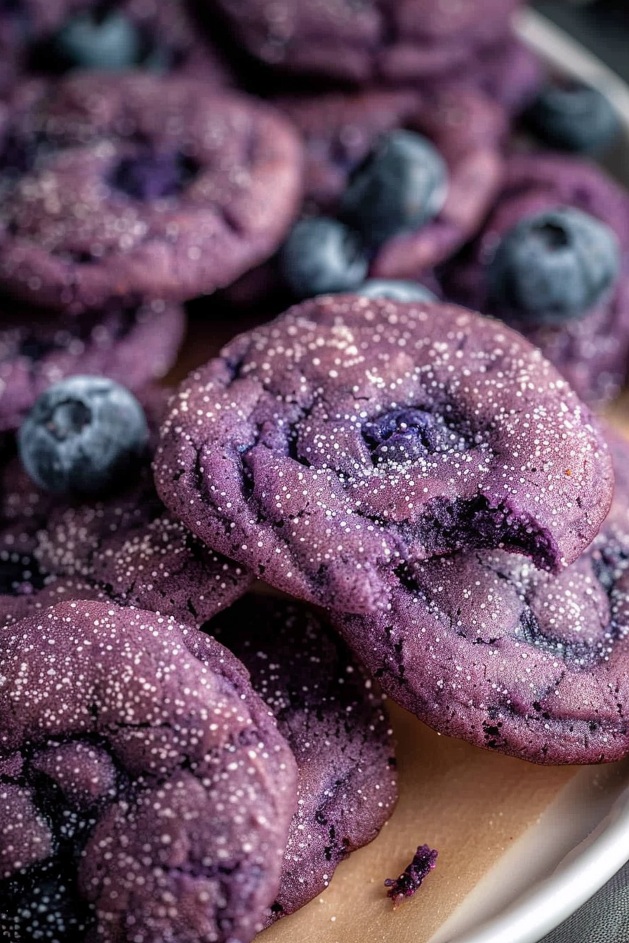 A plate of freshly baked blueberry cookies, speckled with sugar and served with a handful of juicy blueberries.