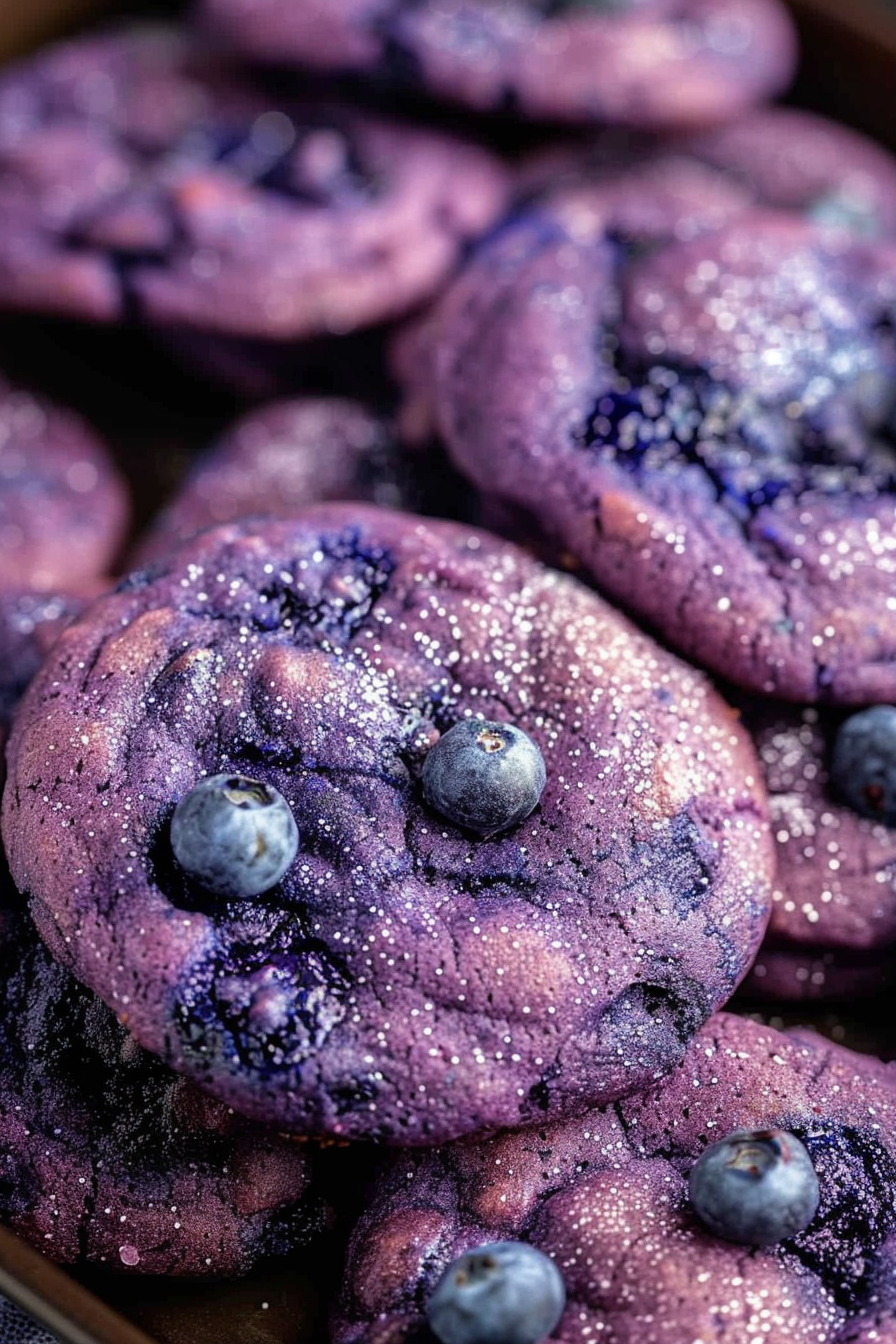 A stack of soft and chewy blueberry cookies glistening with sugar crystals, accompanied by fresh blueberries.