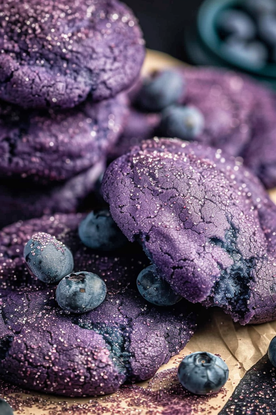 Close-up of vibrant purple blueberry cookies sprinkled with sparkling sugar, resting on a serving platter.