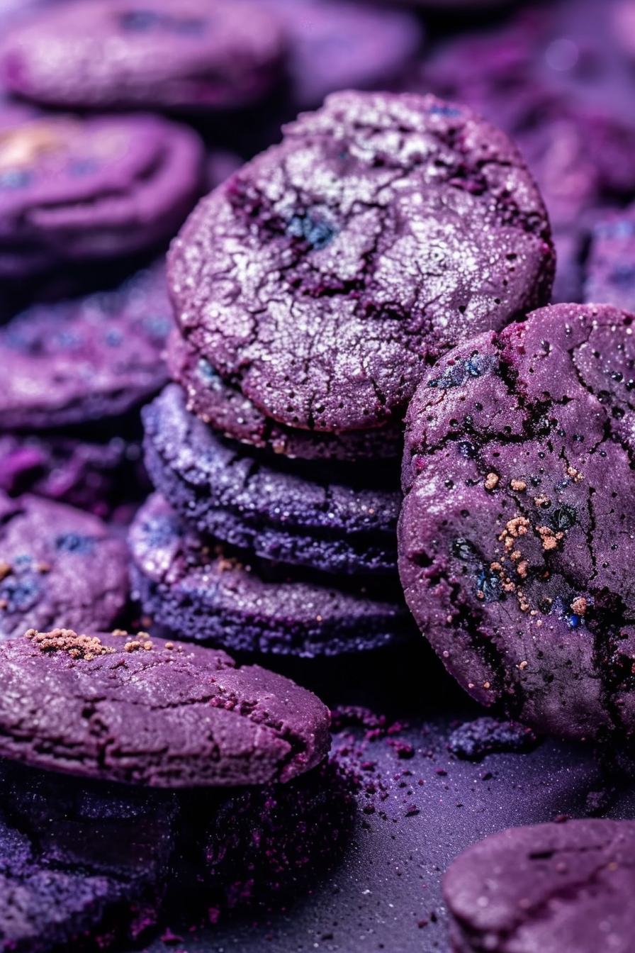 Golden-baked blueberry cookies with a rich, deep purple hue, highlighting their tender texture