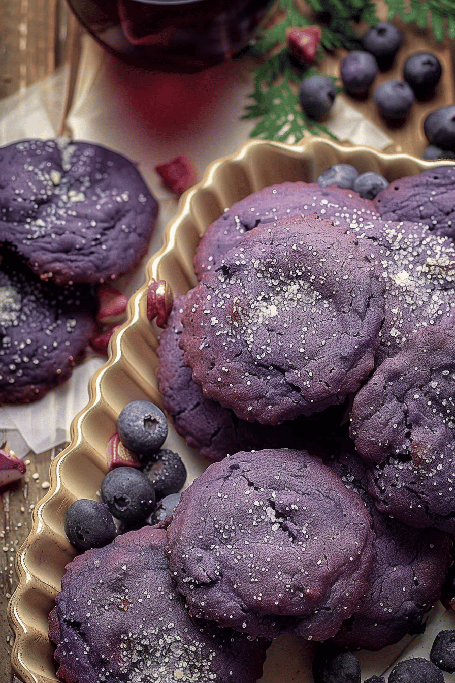 Soft, purple-hued cookies infused with fresh blueberries, arranged on a rustic surface with decorative sugar dusting.