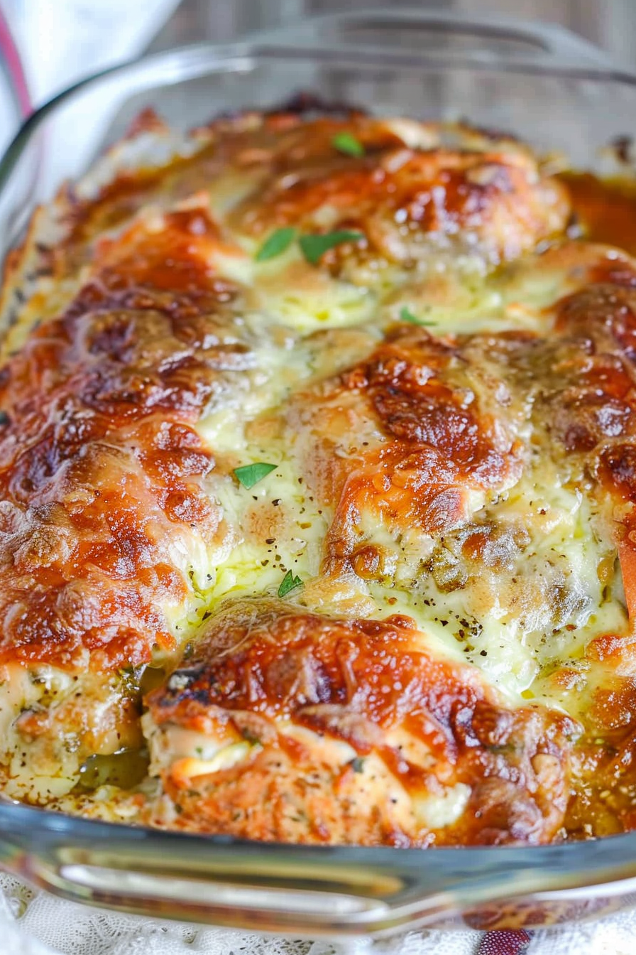 A beautifully baked chicken dish fresh out of the oven, showcasing a golden cheese crust and vibrant herbs.