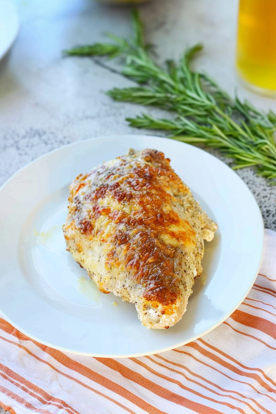 A single serving of baked chicken on a white plate, garnished with rosemary sprigs in the background.