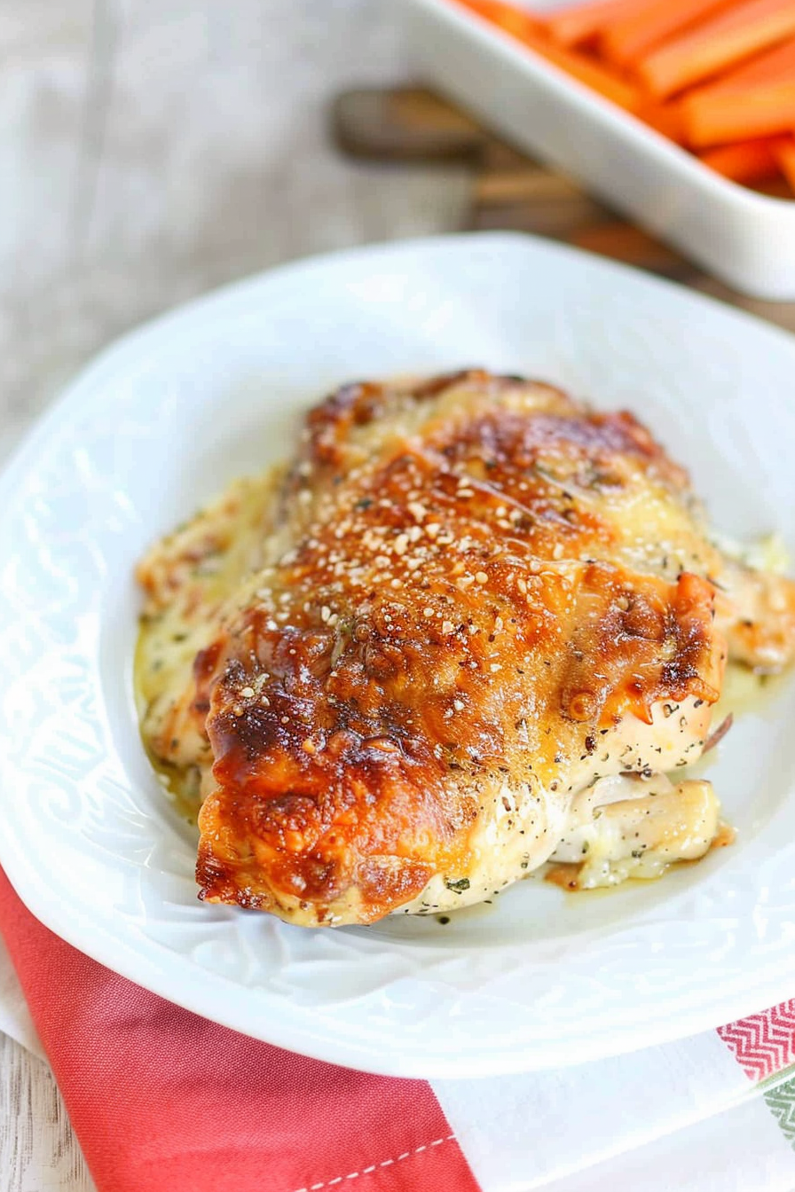 A close-up of golden-brown baked chicken topped with melted cheese in a glass casserole dish.