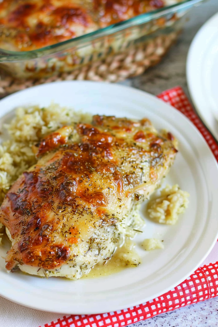 A hearty piece of cheesy chicken on a plate paired with rice, highlighting the rich and creamy baked topping.