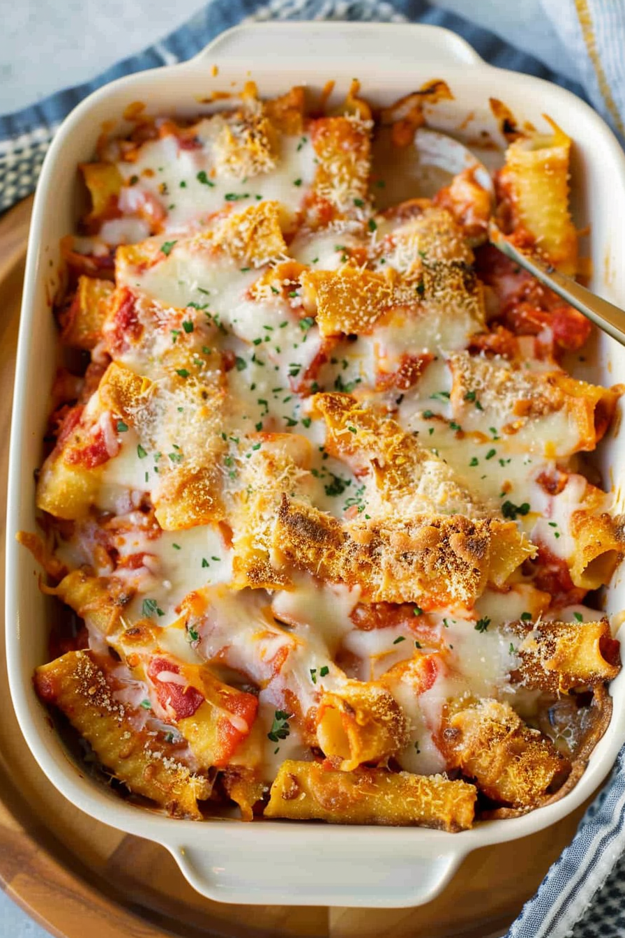 Golden-baked pasta casserole layered with melted mozzarella and topped with crispy breadcrumbs, served fresh from the oven.