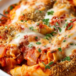 Close-up of gooey, cheesy chicken pasta with vibrant tomato sauce and fresh parsley garnish.