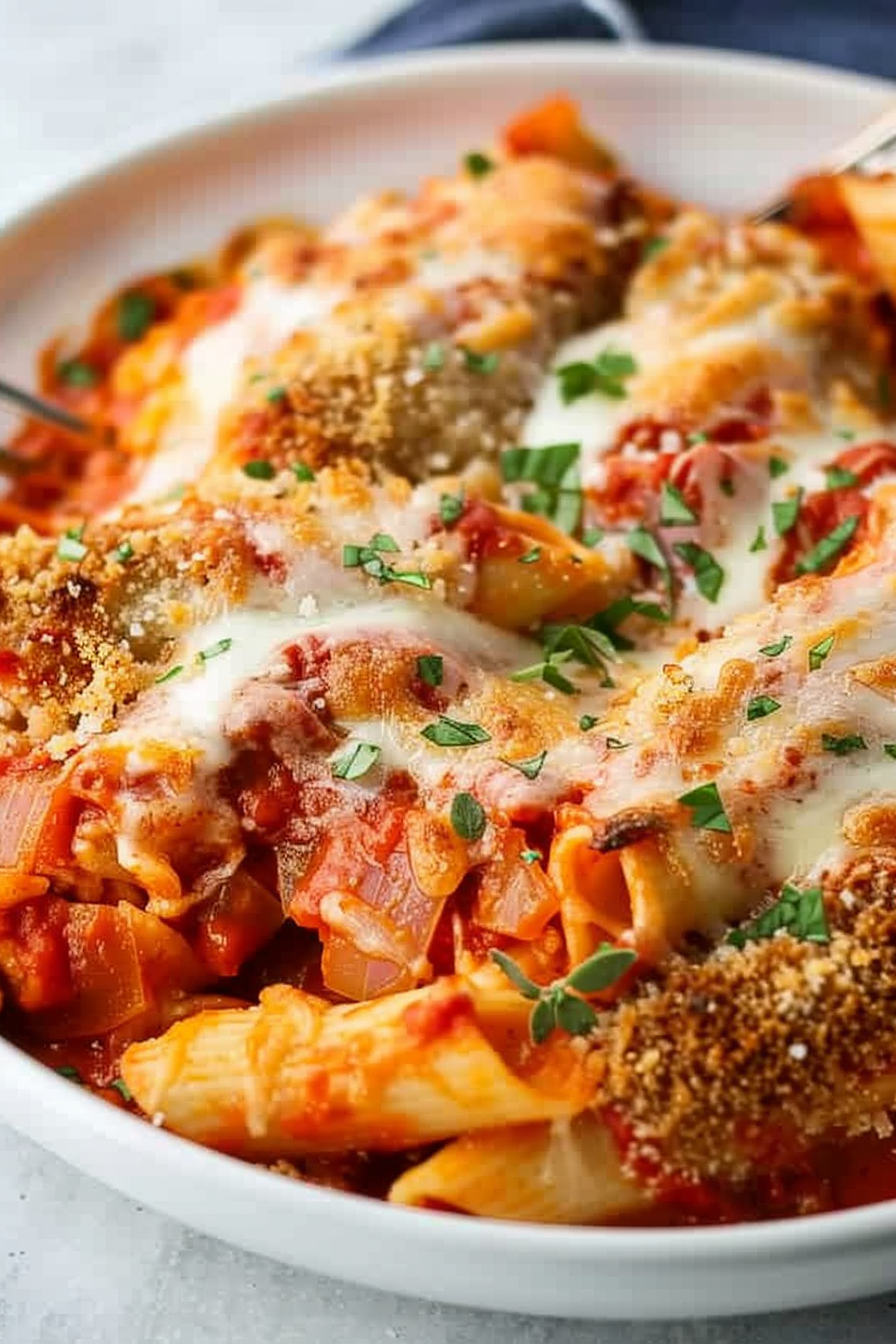 Close-up of gooey, cheesy chicken pasta with vibrant tomato sauce and fresh parsley garnish.