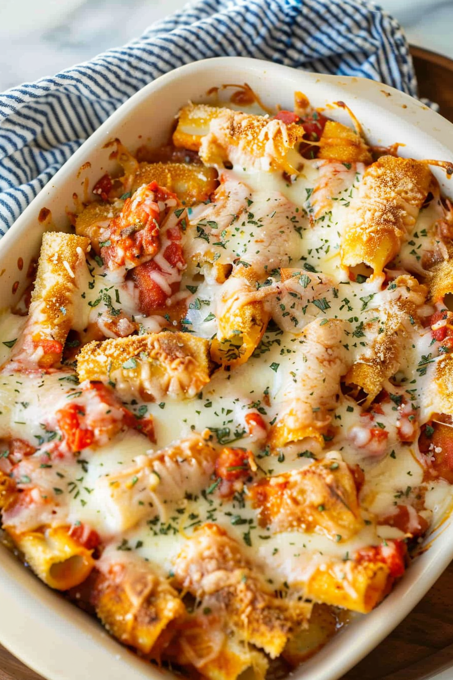 A hearty serving of casserole highlighting creamy melted cheese and perfectly crisp edges.