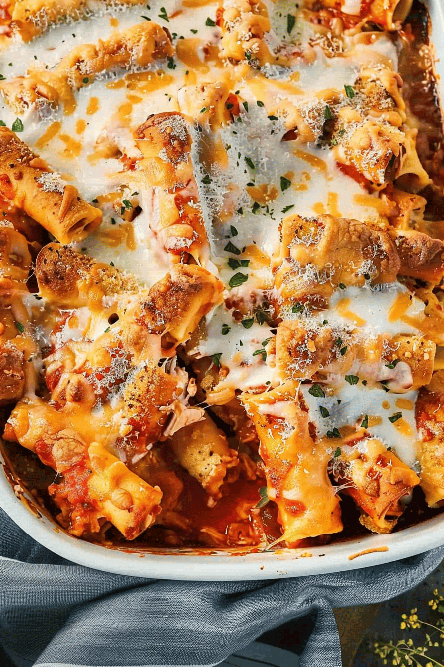 Chicken Parmesan Casserole displayed in a white baking dish, topped with melted mozzarella and a sprinkling of fresh herbs.