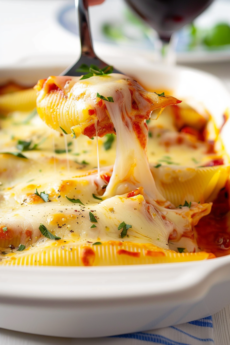 A spoonful of cheesy stuffed shells being served from a baking dish, with gooey melted cheese pulling.