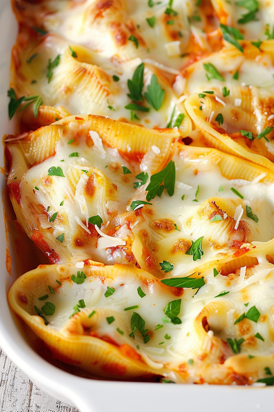 Cheesy stuffed pasta shells topped with marinara sauce and fresh parsley, fresh out of the oven.