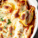 Close-up of perfectly baked pasta shells filled with chicken parmesan, topped with bubbling cheese.