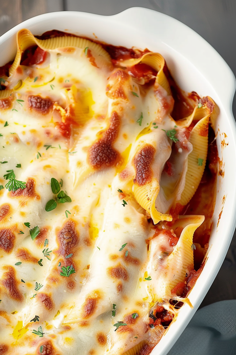 Close-up of perfectly baked pasta shells filled with chicken parmesan, topped with bubbling cheese.