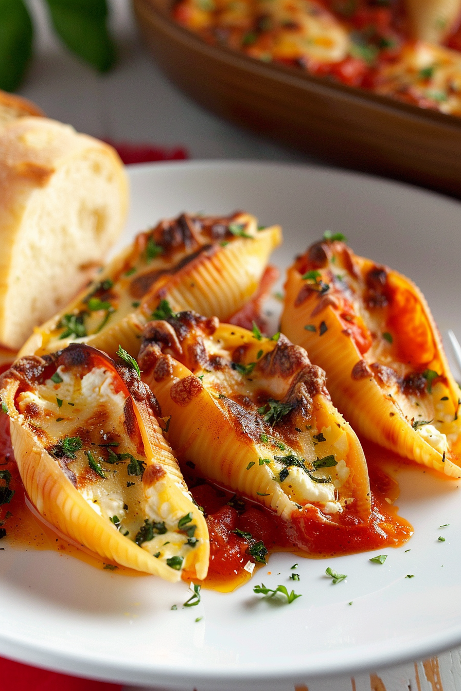 A serving of golden-baked stuffed shells on a plate, garnished with melted cheese and herbs.