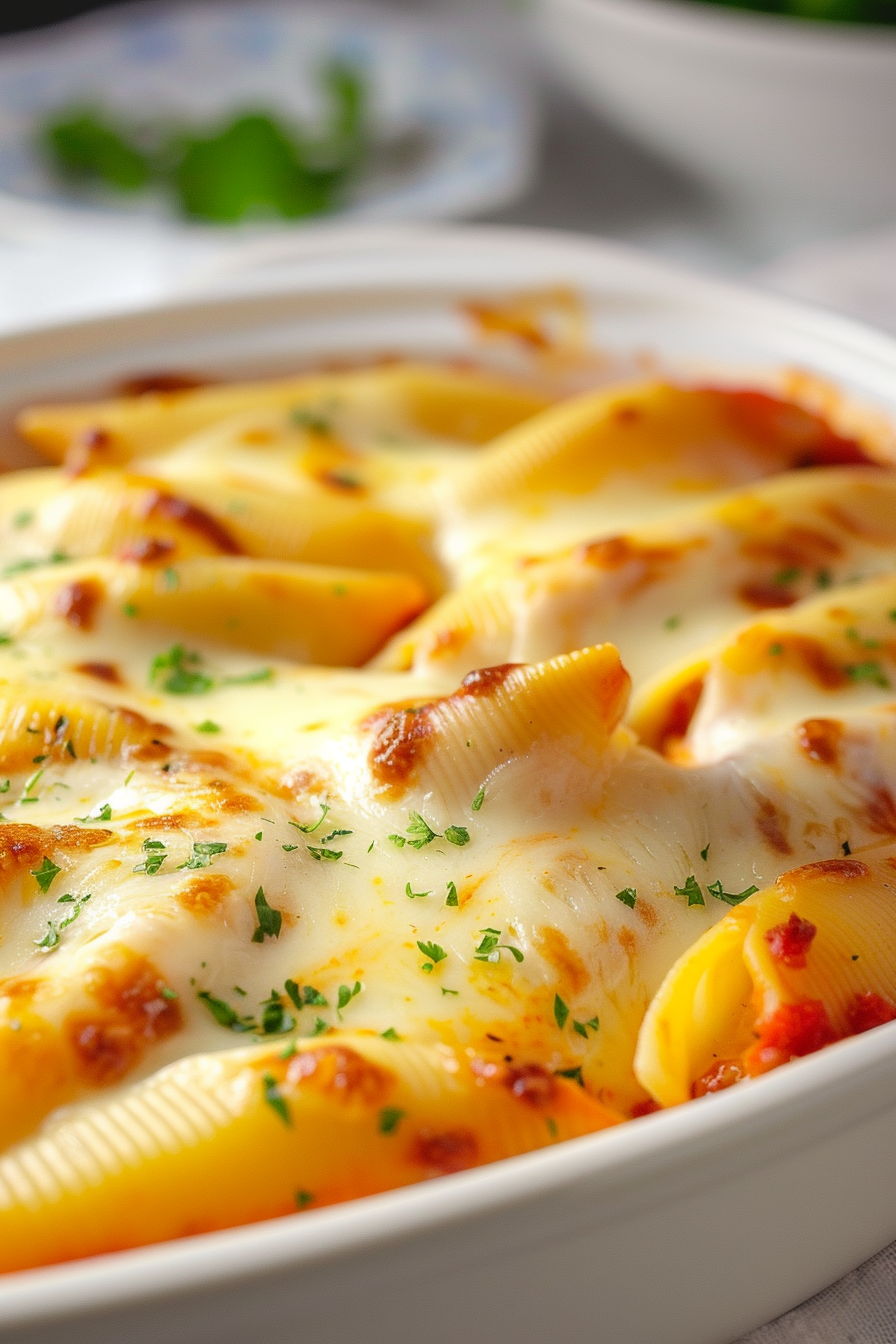 Warm, comforting stuffed shells with a golden crust, served with a sprinkle of fresh parsley.