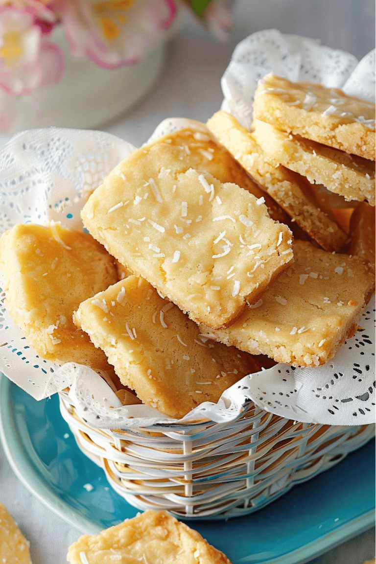 A collection of coconut shortbread cookies in a white basket, with light shining on their golden crust and soft coconut flakes.