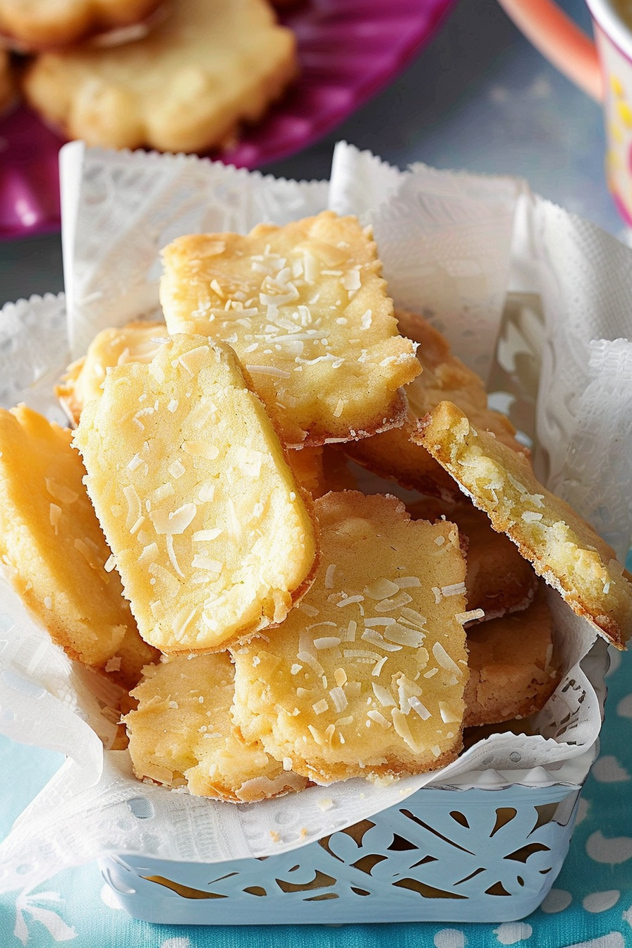 A basket filled with golden, buttery shortbread cookies sprinkled with shredded coconut, perfect for a teatime treat.