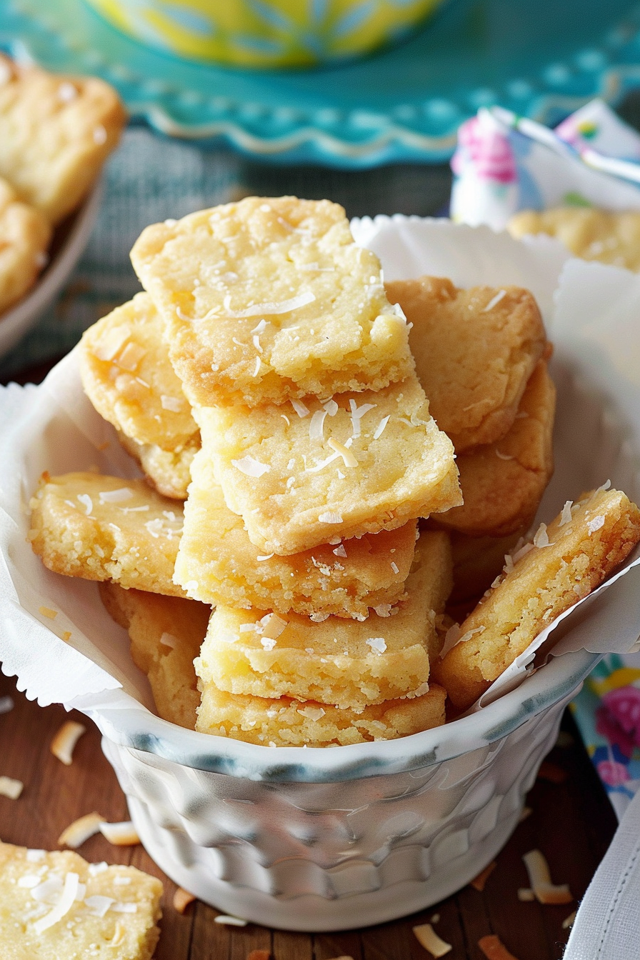 A rustic arrangement of shortbread cookies in a decorative tray, highlighting their crumbly texture and coconut topping.