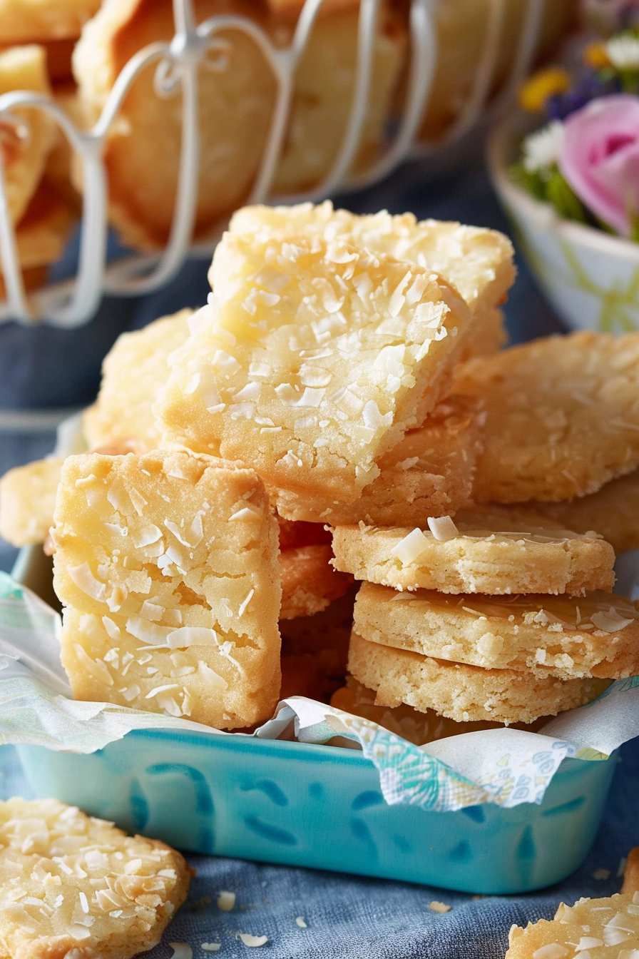 A close-up of stacked coconut shortbread cookies, showcasing their flaky, golden layers and coconut garnish.