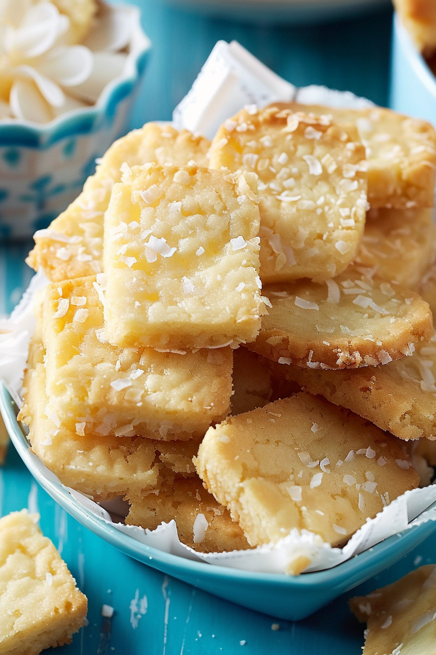 A plate of crispy, coconut-topped shortbread cookies with delicate lacy edges, ready to be enjoyed.