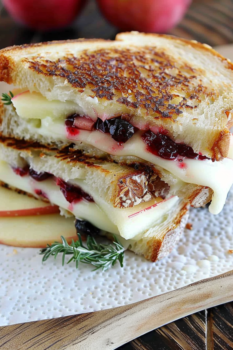 Close-up of a sliced cranberry brie grilled cheese showcasing layers of gooey cheese and vibrant cranberry filling.