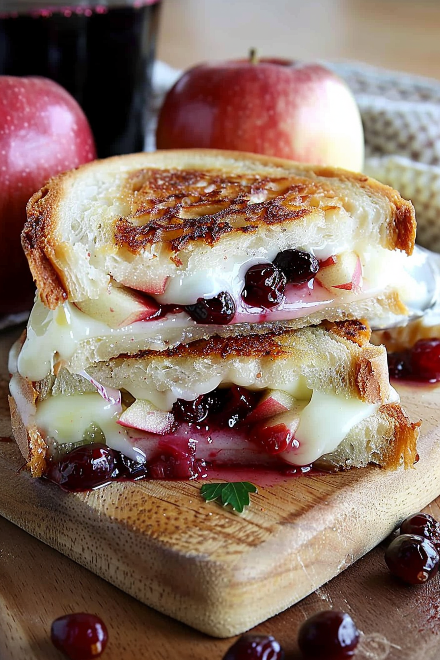 Golden grilled cheese sandwich oozing with melted brie, sweet cranberries, and crisp apple slices, served on a rustic wooden board.