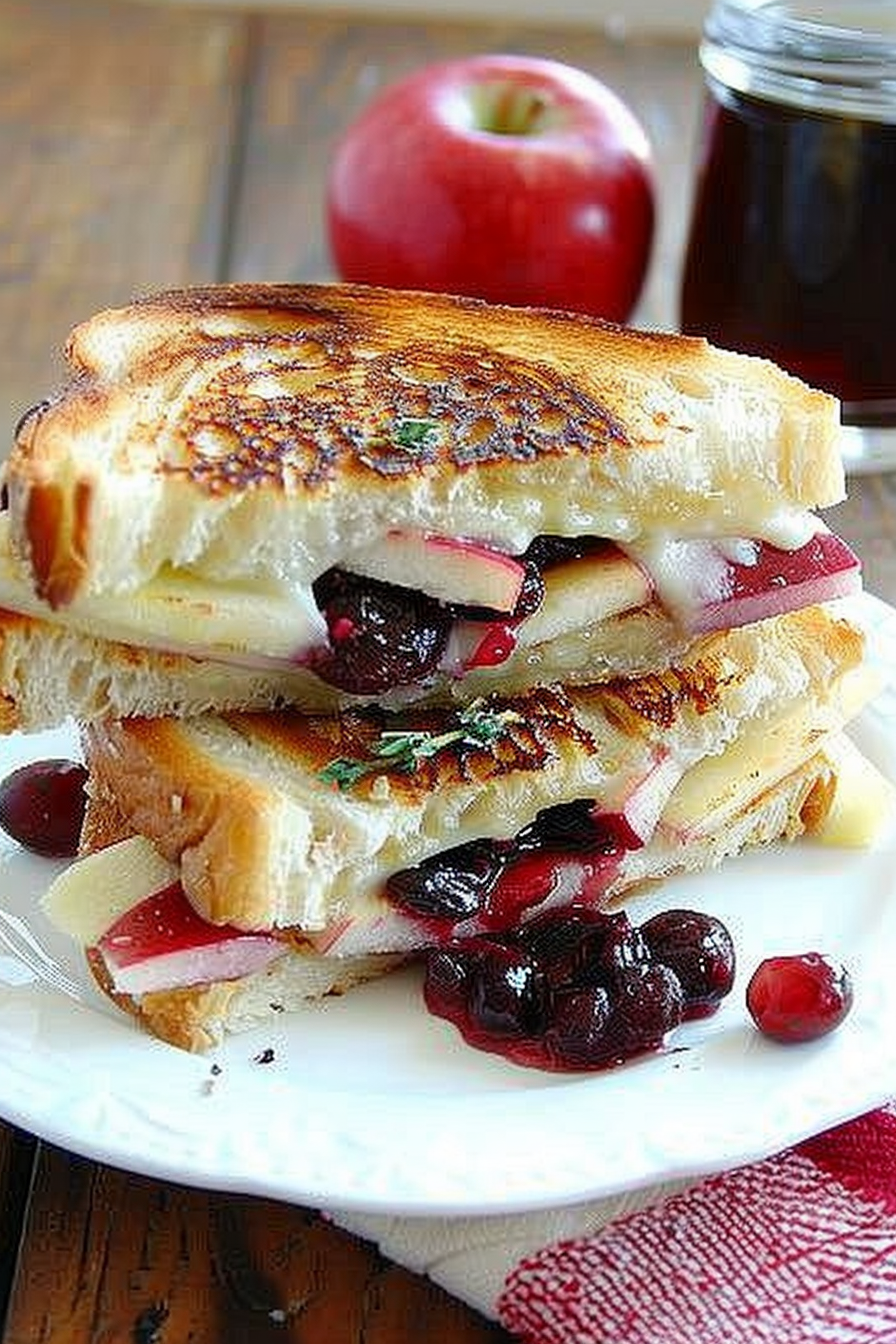 A decadent grilled cheese sandwich with brie and cranberries, styled alongside fresh apples and rosemary sprigs.