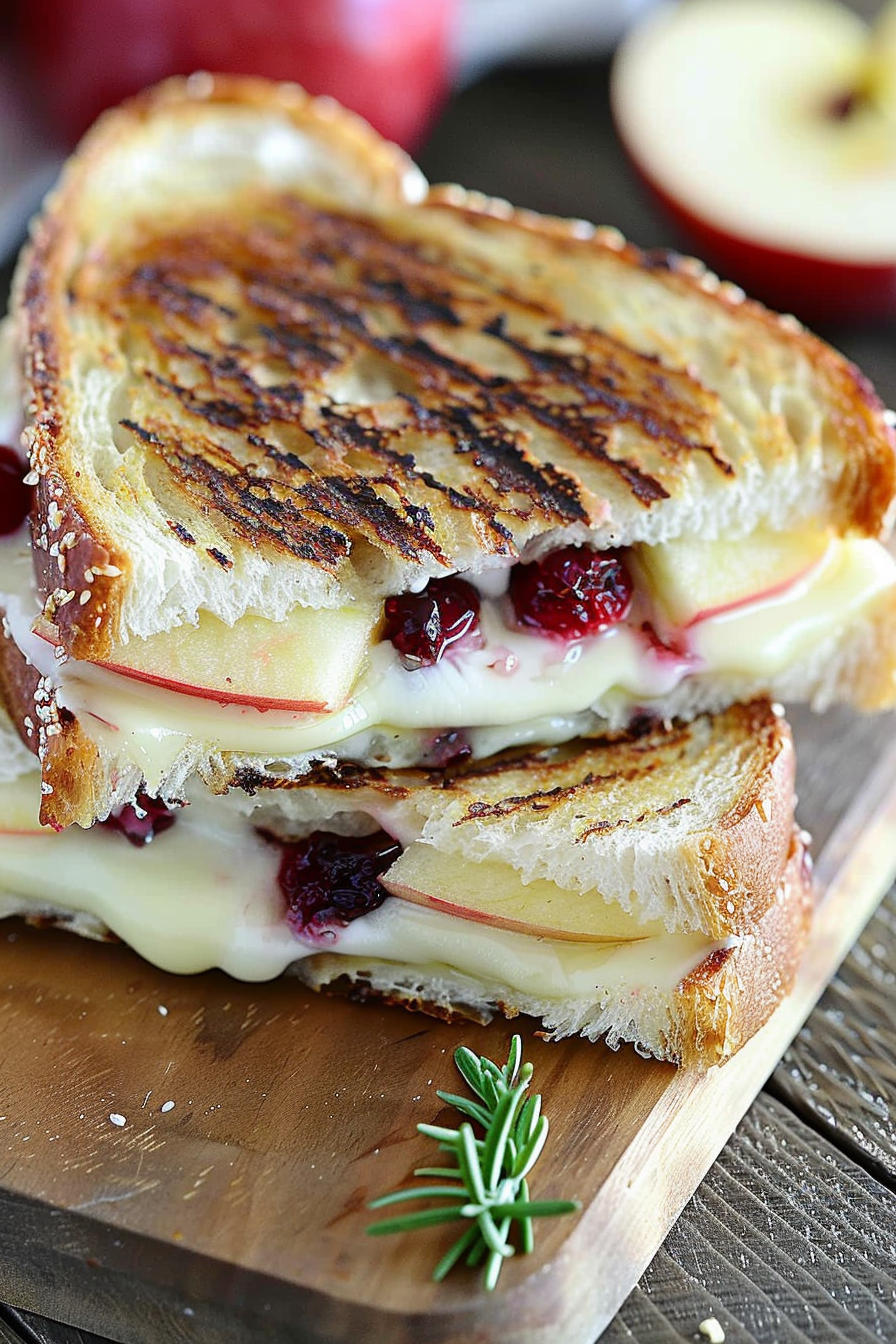 A perfectly toasted sandwich filled with creamy brie, tart cranberries, and crisp apples, with a side of festive garnishes.