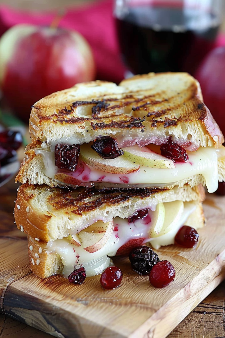 Stacked halves of a cranberry brie grilled cheese sandwich, with melted cheese and cranberries spilling out temptingly.