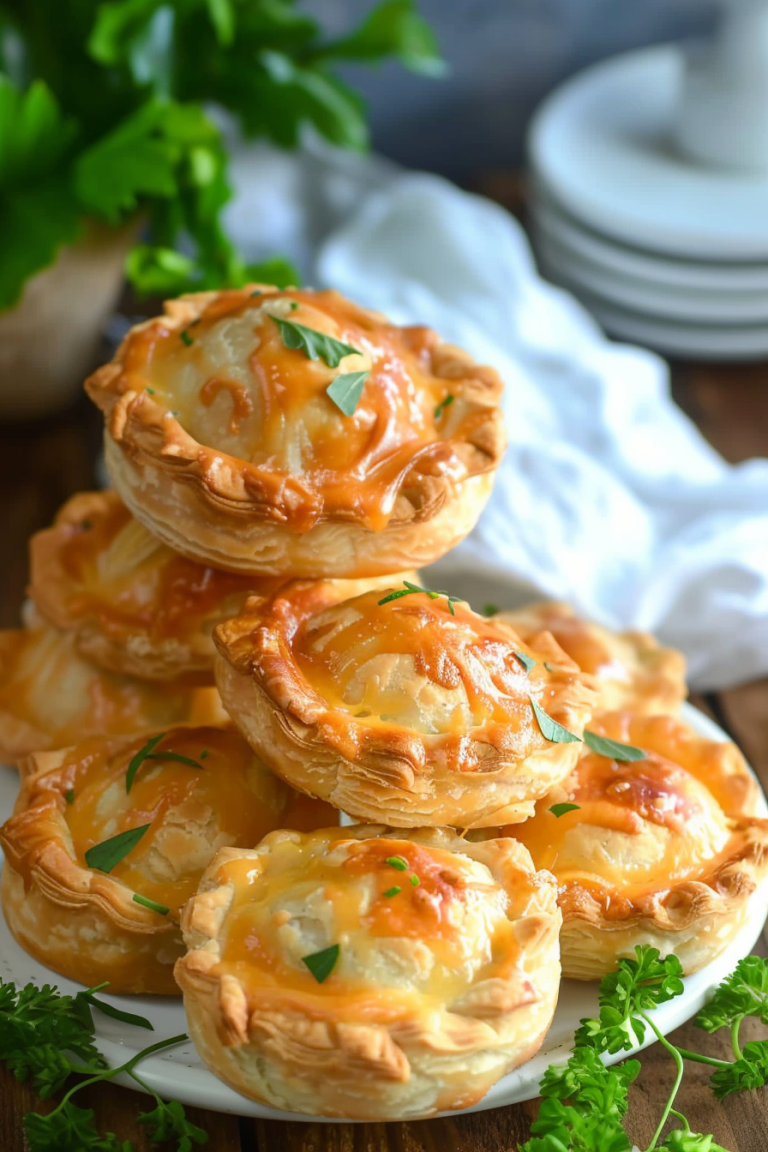 Golden-brown mini chicken pies with flaky crust and melted cheese garnished with fresh herbs.