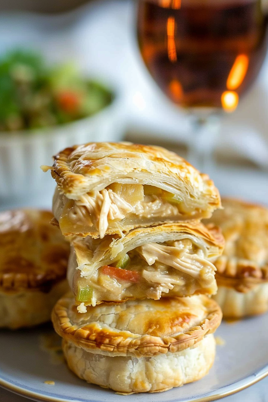 A stack of individual chicken pies on a white plate, oozing creamy filling and topped with parsley.