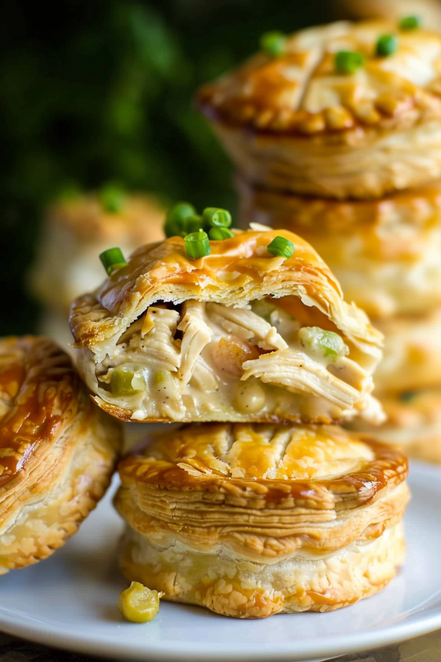 Close-up of a flaky chicken pie revealing its creamy chicken and vegetable filling.