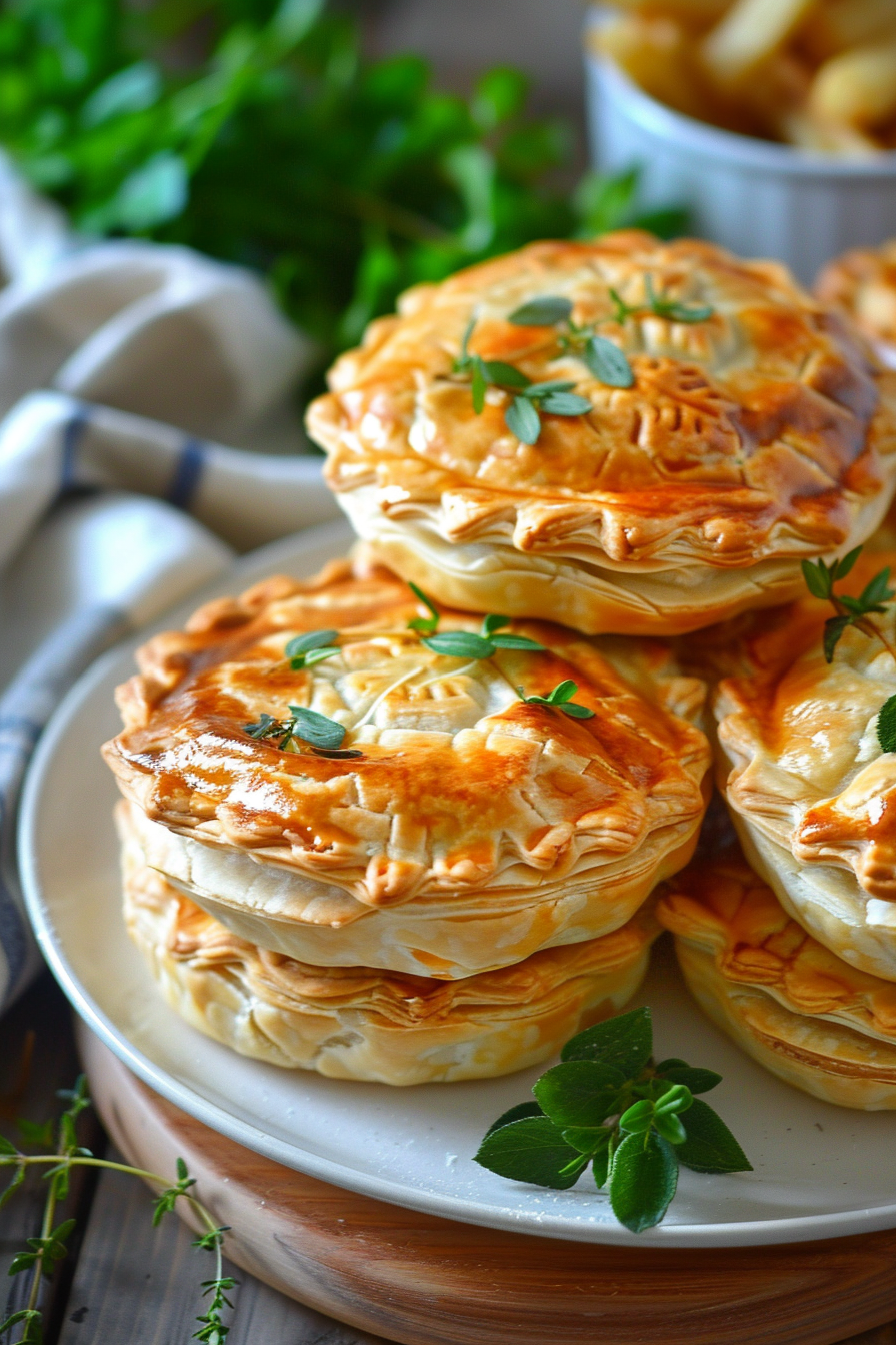 Mini chicken pies arranged on a plate, surrounded by sprigs of thyme for a rustic presentation.