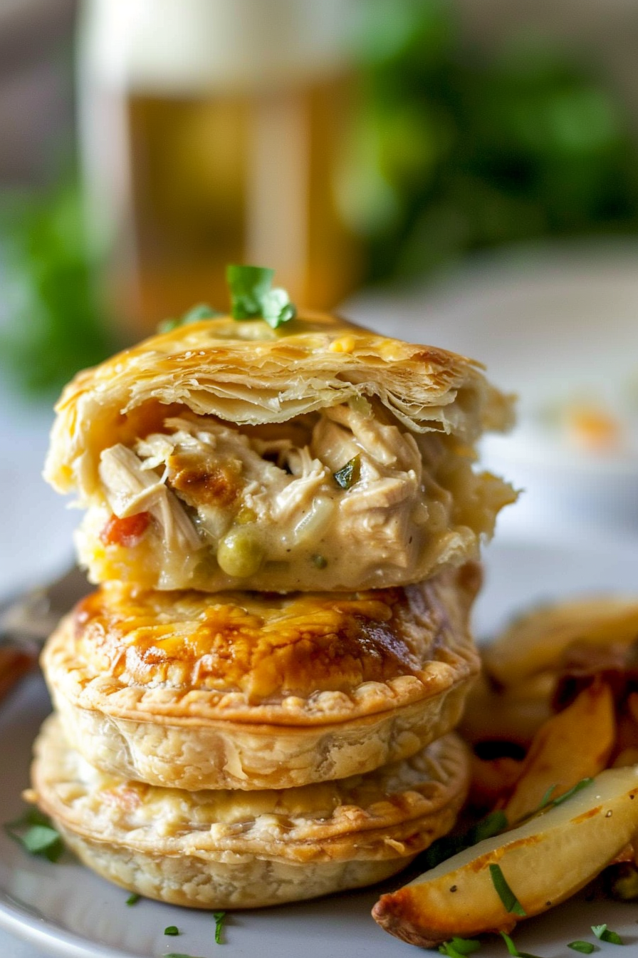 Buttery chicken pies with a golden crust, served alongside a fresh salad and a glass of wine.