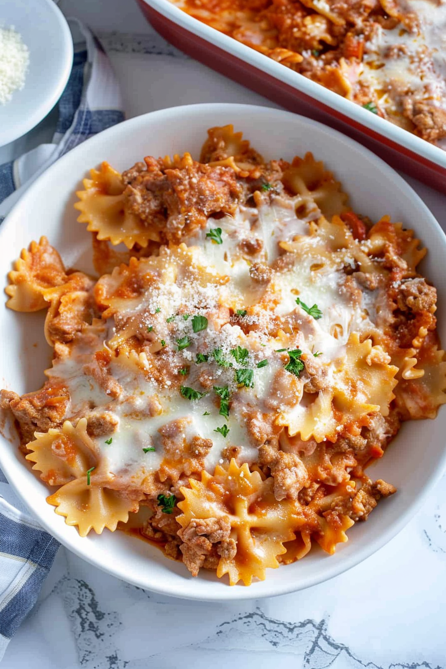 A serving of bow tie pasta lasagna in a white dish, garnished with fresh parsley.