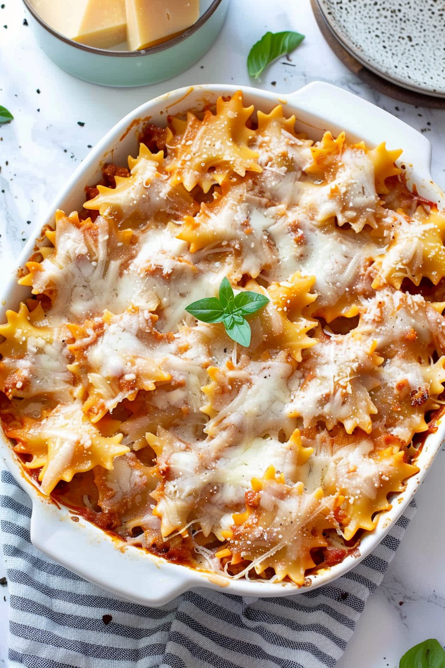 A casserole dish of bow tie pasta lasagna with layers of sauce and bubbling cheese.