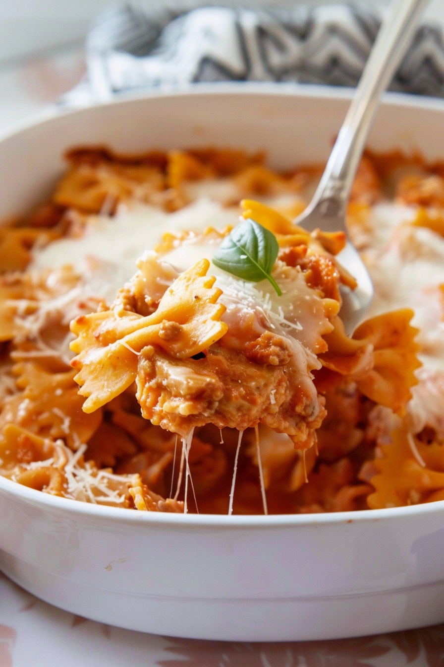 A spoon lifting a portion of creamy bow tie pasta lasagna, with stretchy melted cheese.