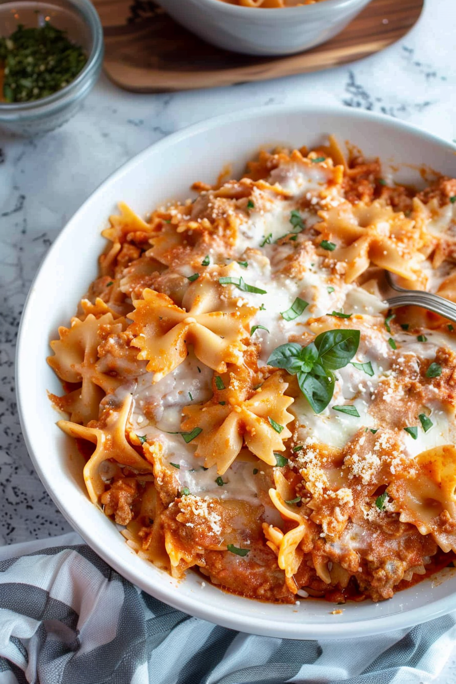 Bow tie pasta lasagna served in a bowl, highlighted with fresh basil and grated parmesan.