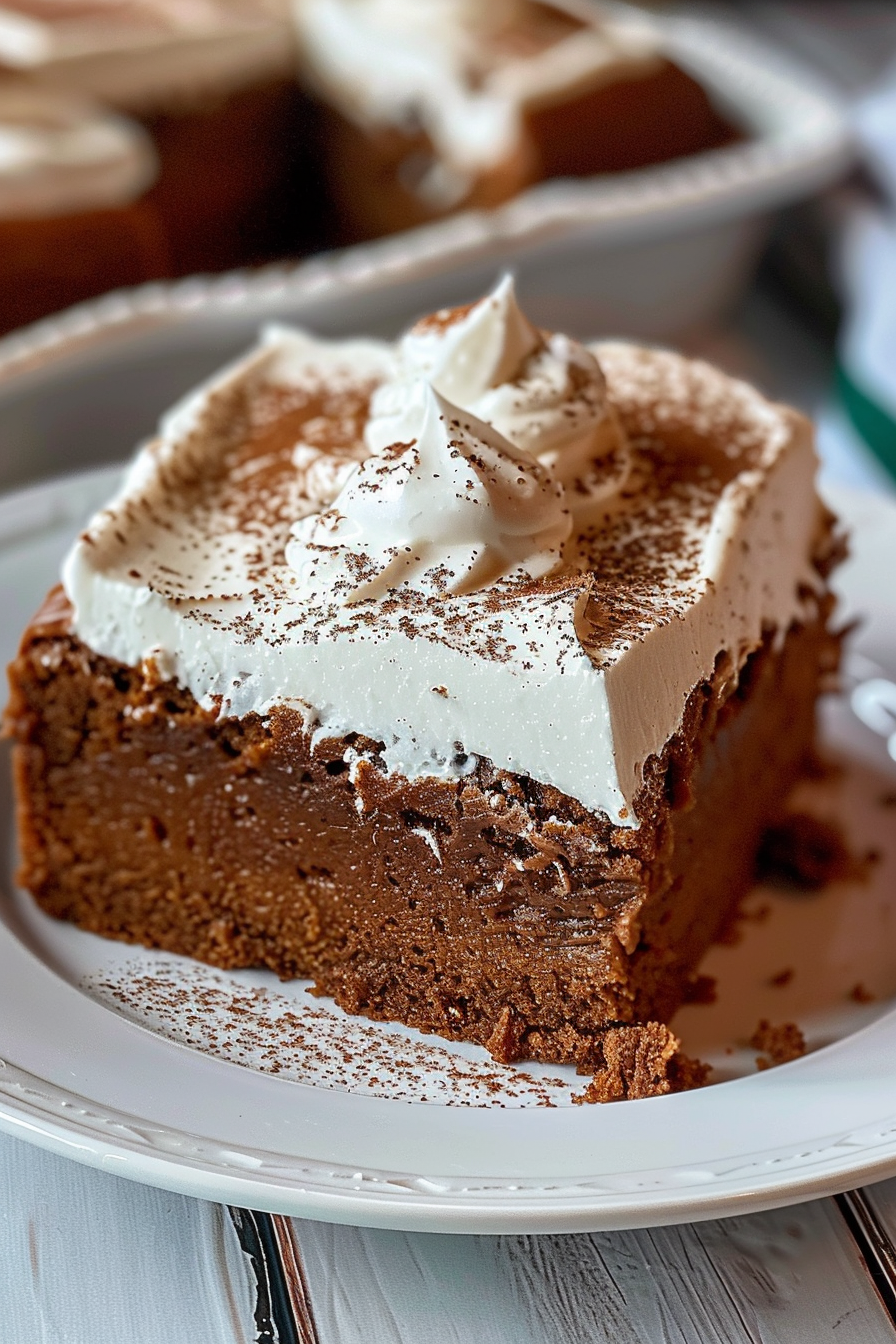 Close-up of a rich gingerbread cake with fluffy whipped topping and a sprinkle of cocoa powder.