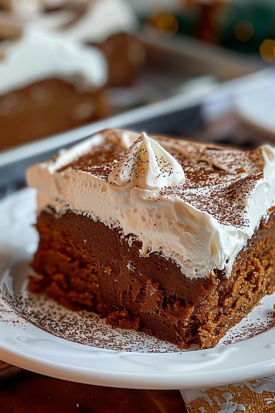 Plated gingerbread cake with soft, spiced layers and a generous dollop of whipped cream.