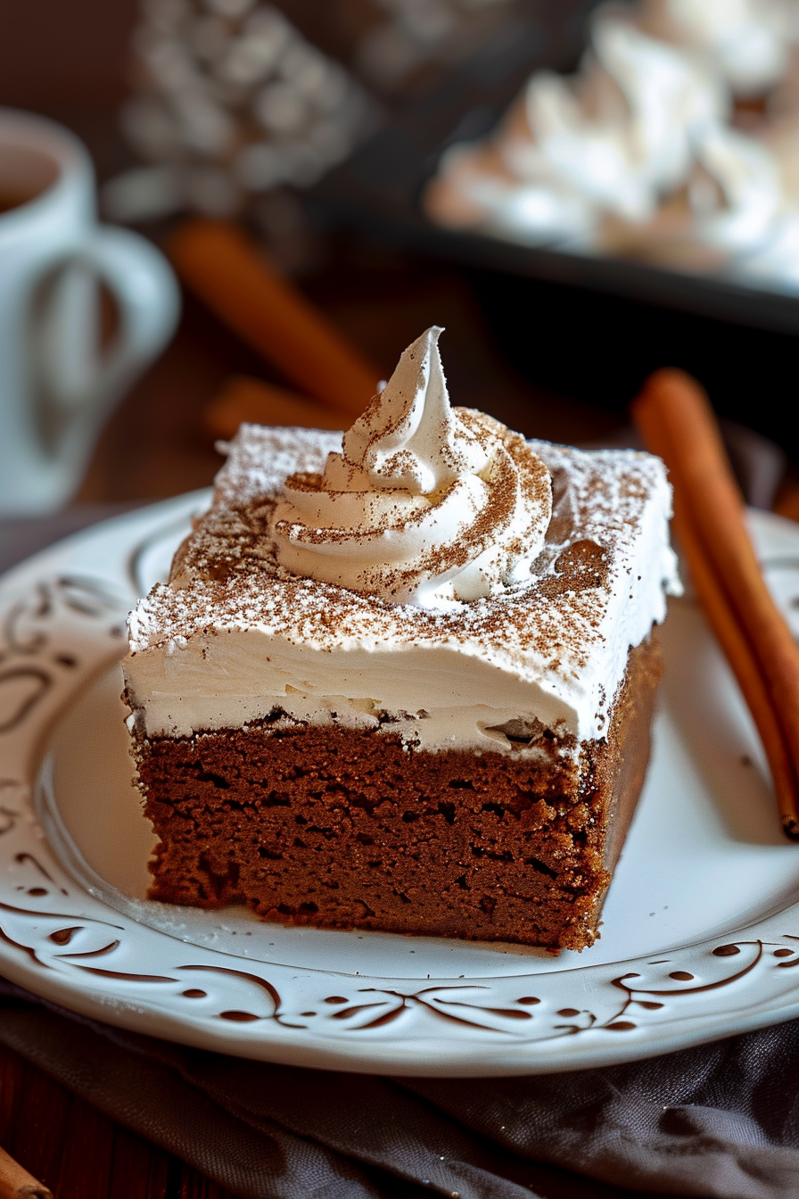 Decadent gingerbread cake slice with whipped topping served on a rustic white dish.