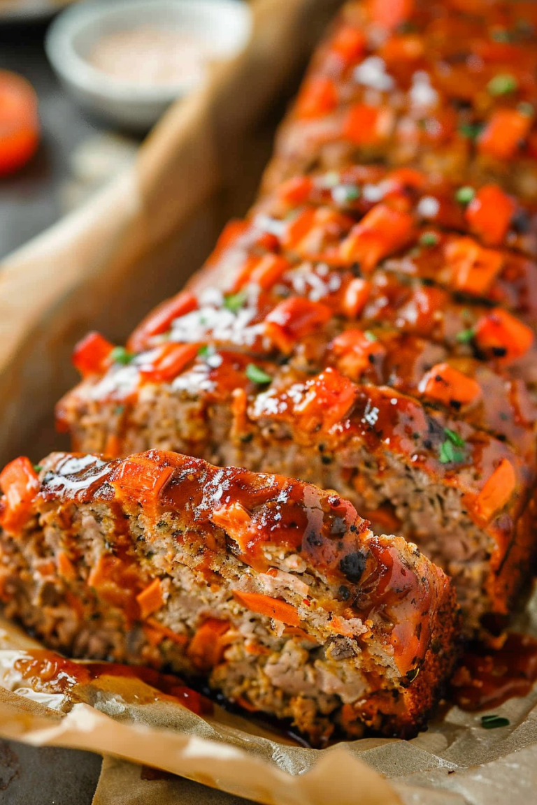 A close-up of a freshly baked meatloaf glazed with a tangy tomato sauce, garnished with chopped parsley.