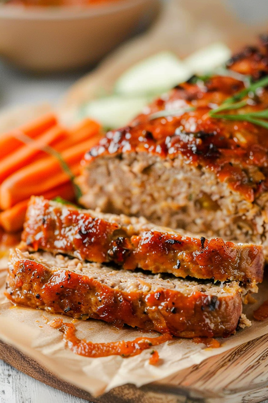 Sliced meatloaf showing its moist and tender texture, served alongside fresh carrots and greens.