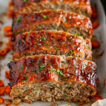 A vibrant shot of meatloaf with a glossy glaze, topped with colorful diced vegetables and herbs.