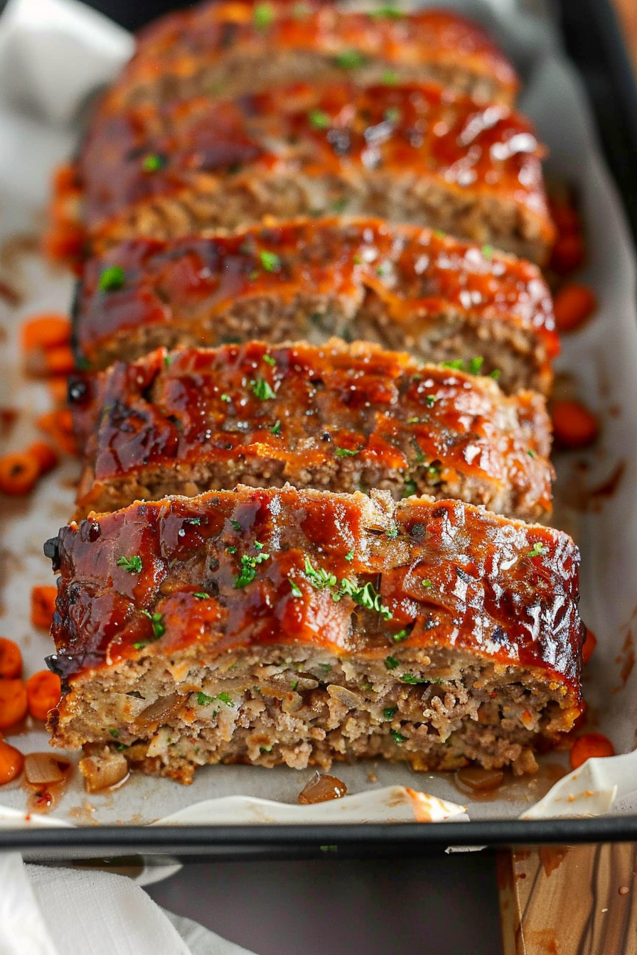 A vibrant shot of meatloaf with a glossy glaze, topped with colorful diced vegetables and herbs.